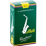 An individual Vandoren Java Green Alto Saxophone reed strength 2.5 shown alongside its protective green factory wrapper.