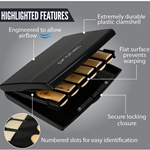 A black Protec A250 Bb clarinet reed case engineered to store up to 12 reeds flat, displayed at MusicMasters in Tallahassee, Florida.