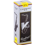 Single Vandoren V12 tenor saxophone reed in strength 2.5 showcasing the filed French cut.