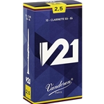 Single Vandoren V21 clarinet reed in strength 2.5 showcasing the unfiled premium cut.