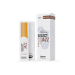 An individual D'Addario Organic Select Jazz Baritone Saxophone reed in strength 2 Medium showing its unfiled American cut profile and organic cane construction.