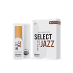 An individual D'Addario Organic Select Jazz Alto Saxophone reed in strength 2 Soft showing its unfiled American cut profile and organic cane construction.