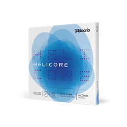 Retail packaging sleeve for the D'Addario Helicore 4/4 scale full size cello stranded steel core 4-string set