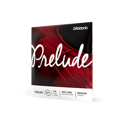 D'Addario Prelude 1/16 scale violin string set packaging and four steel core strings