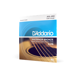 A single set package of D'Addario EJ16 Light Phosphor Bronze acoustic guitar strings.