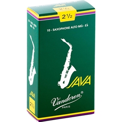 An individual Vandoren Java Green Alto Saxophone reed strength 2.5 shown alongside its protective green factory wrapper.