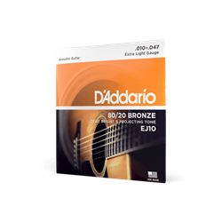 A single set package of D'Addario EJ10 Extra Light 80/20 Bronze acoustic guitar strings.