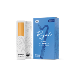 An individual Rico Royal Bass Clarinet reed in strength 4.0 showing its filed French cut profile and uniform cane construction.