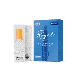 An individual Rico Royal Eb Clarinet reed in strength 2.5 showing its filed French cut profile and uniform cane construction.