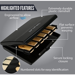 A black Protec A250 Bb clarinet reed case engineered to store up to 12 reeds flat, displayed at MusicMasters in Tallahassee, Florida.