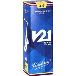 Single Vandoren V21 tenor saxophone reed in strength 3.5 showcasing the filed French cut.