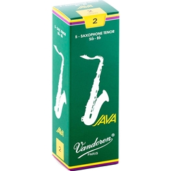 Single Vandoren JAVA Green tenor saxophone reed in strength 2.0 showing the flexible unfiled jazz cut.