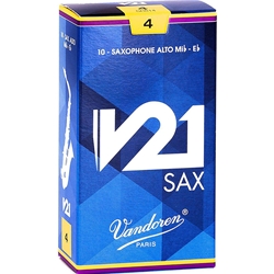 A premium single Vandoren V21 Alto Saxophone reed in strength 4.0 sitting on a white background with packaging visible behind it.