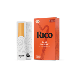 A single Rico by D'Addario organic bass clarinet reed in strength 4, displaying the unfiled cut spine and tip profile.