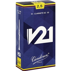 Single Vandoren V21 clarinet reed in strength 2.5 showcasing the unfiled premium cut.
