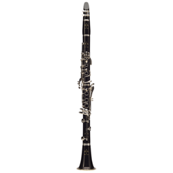 Premium French-crafted Buffet Crampon R13 professional Bb clarinet displaying its hand-selected stained Grenadilla wood body and brilliant silver-plated keywork