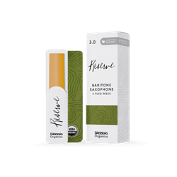 An individual D'Addario Organic Reserve Baritone Saxophone reed in strength 3.0 showing its certified organic cane construction and filed profile.