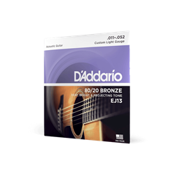 A single set package of D'Addario EJ13 Custom Light 80/20 Bronze acoustic guitar strings.