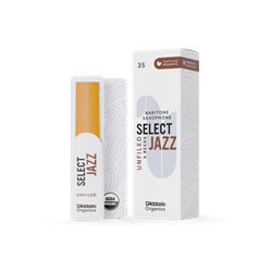 An individual D'Addario Organic Select Jazz Baritone Saxophone reed in strength 3 Soft showing its unfiled American cut profile and organic cane construction.