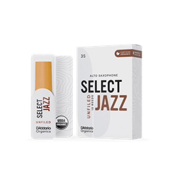 An individual D'Addario Organic Select Jazz Alto Saxophone reed in strength 3 Soft showing its unfiled American cut profile and organic cane construction.