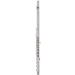 Premium American-crafted Powell Sonaré 705 professional intermediate flute showing its solid sterling silver body, French pointed key arms, and silver-plated keys