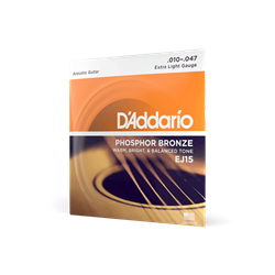 A single set package of D'Addario EJ15 Extra Light Phosphor Bronze acoustic guitar strings.