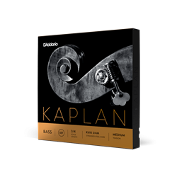 D'Addario Kaplan 3/4 scale double bass string set packaging and stranded steel core strings